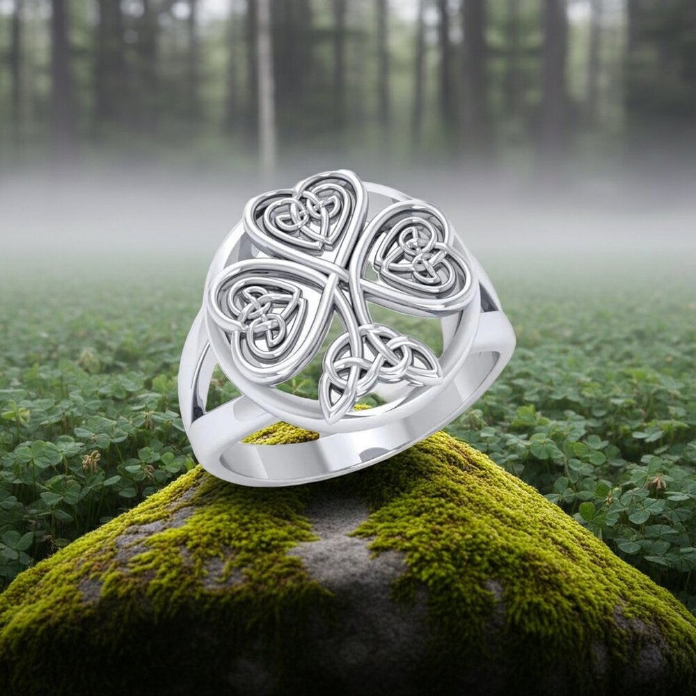 Shamrock Celtic Knotwork Sterling Silver Ring, Sizes 7 and 9